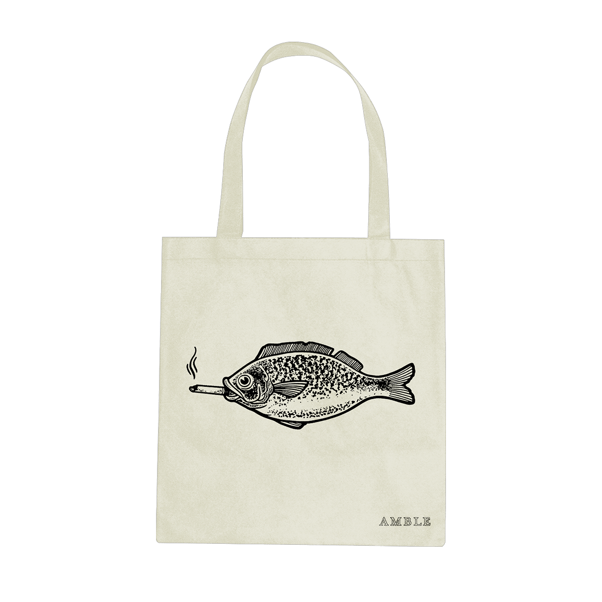 Tote bag with a fish design and 'AMBLE' branding on a white background