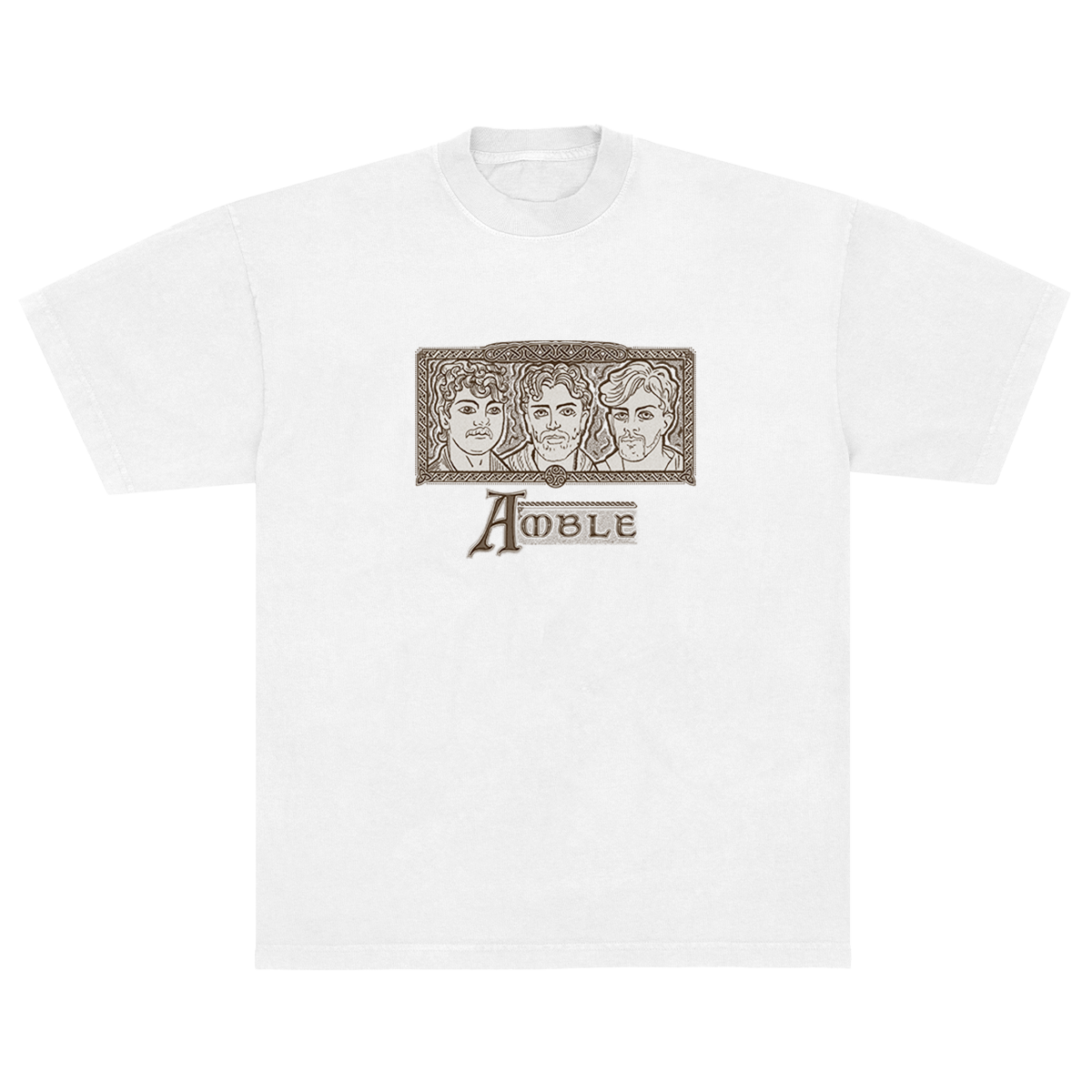 White t-shirt with graphic design featuring three faces and the word 'Amble' on a white background