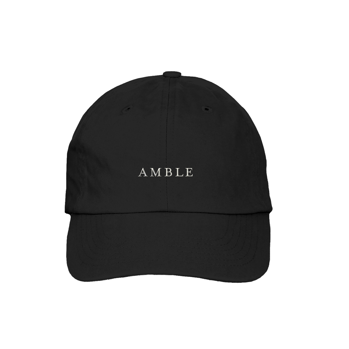 Black cap with 'AMBLE' logo on a white background