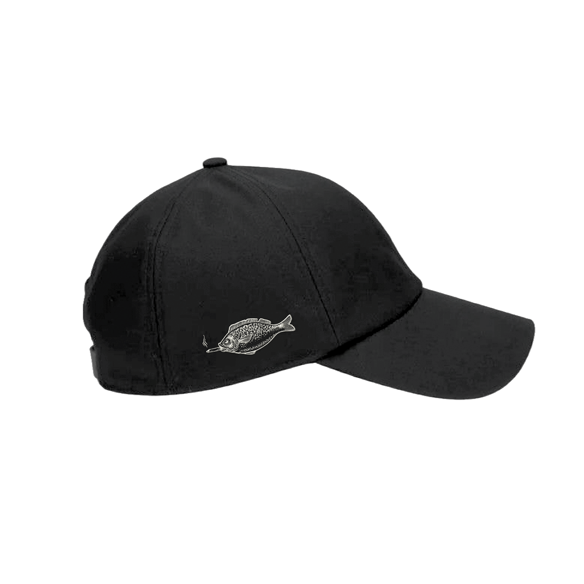 Black cap with a fish emblem on a white background